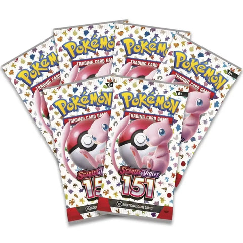 Pokémon TCG: Scarlet & Violet—151 Booster Bundle box featuring Mew illustration and Poké-Ball design, includes 6 Pokémon booster packs from the Scarlet & Violet 151 expansion.
