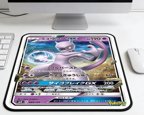 Mewtwo GX Pokémon card style mouse pad with cosmic psychic artwork placed on minimalist white computer desk