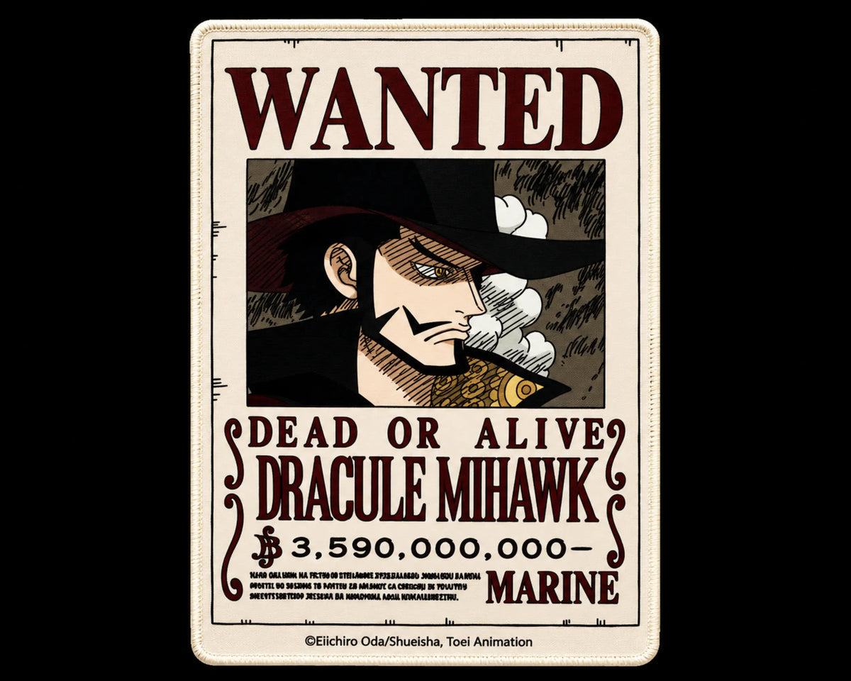 One Piece Dracule Mihawk wanted poster gaming mouse pad featuring the swordsman in a black wide-brimmed hat, burgundy lettering, cream background, detailed anime artwork, and rounded stitched-style border.