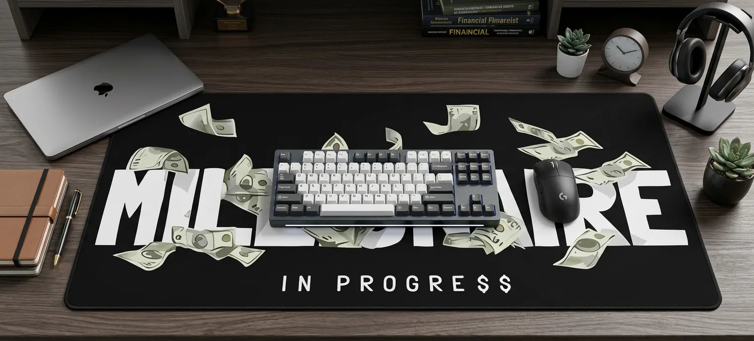 Millionaire in progress extended mouse pad with floating cash design, luxury workspace setup with keyboard, laptop, and finance aesthetic.