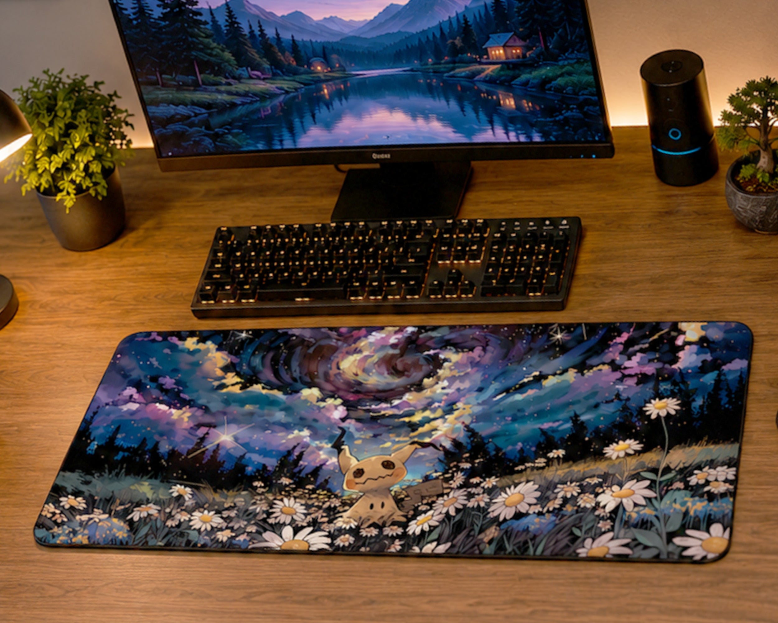 A large desk mat featuring a colorful fantasy landscape illustration of a small creature among daisies under a swirling starry sky, displayed on a wooden desk in front of a keyboard and monitor.