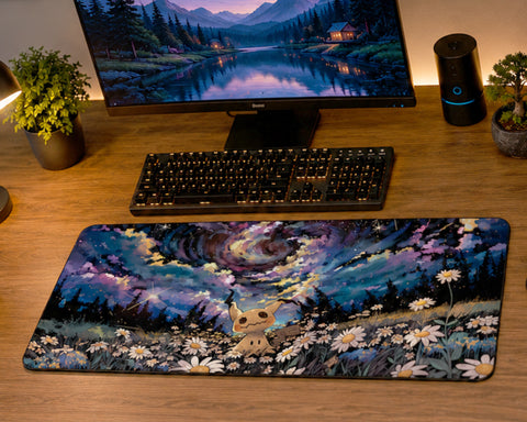 A large desk mat featuring a colorful fantasy landscape illustration of a small creature among daisies under a swirling starry sky, displayed on a wooden desk in front of a keyboard and monitor.