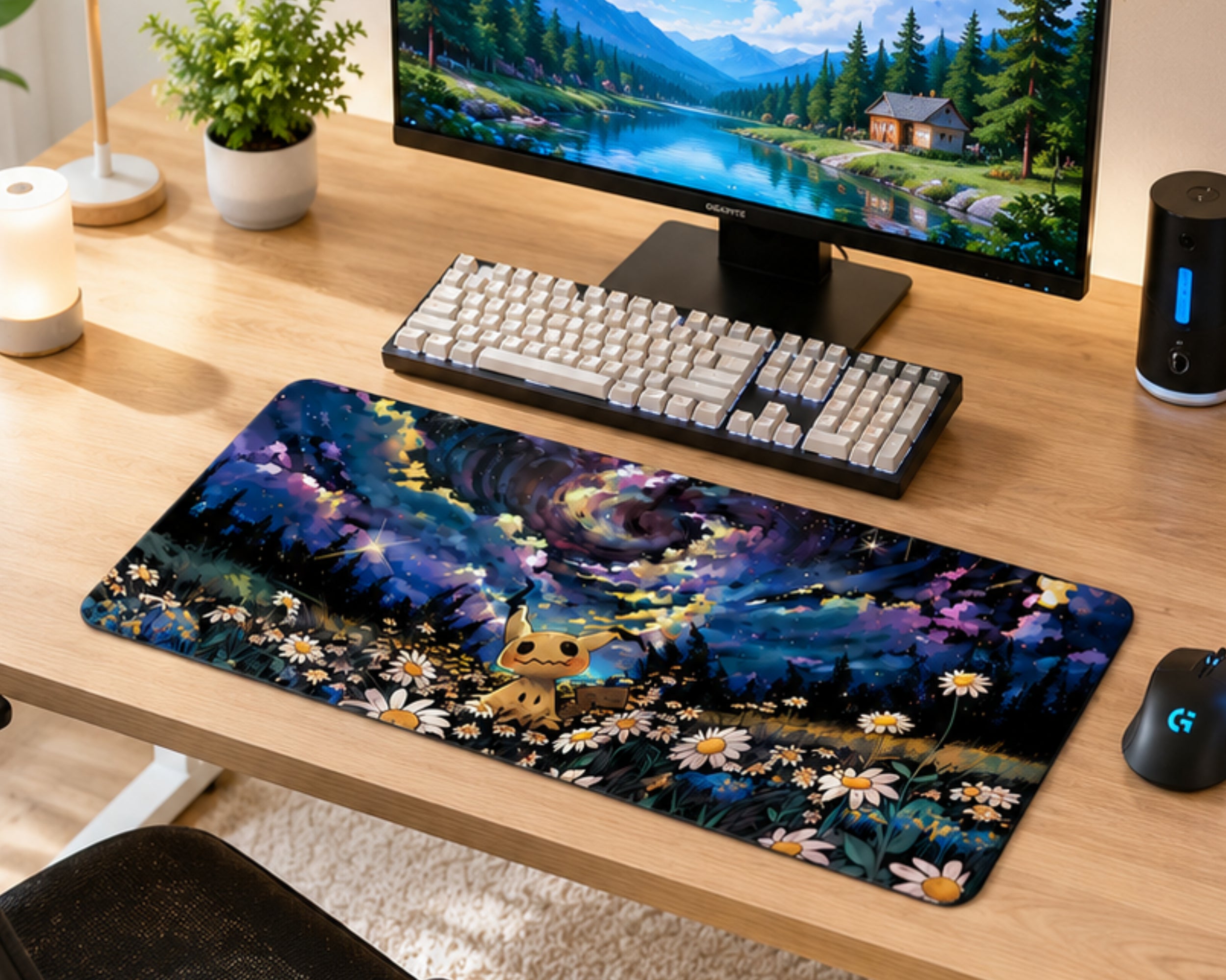 A large desk mat featuring a colorful fantasy landscape with a small Pikachu character, styled on a wooden desk next to a keyboard, mouse, and monitor.
