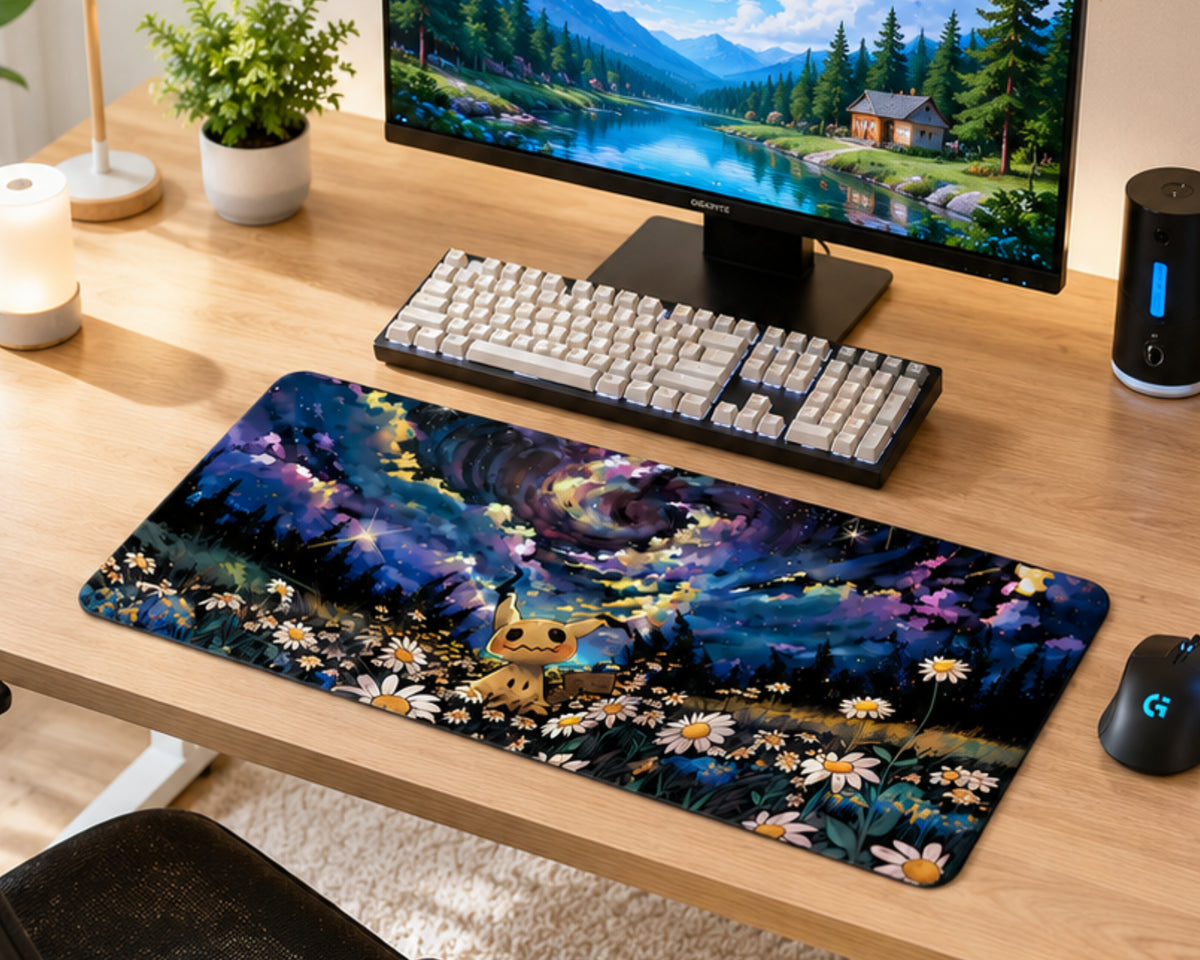 A large desk mat featuring a colorful fantasy landscape with a small Pikachu character, styled on a wooden desk next to a keyboard, mouse, and monitor.