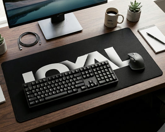 Minimalist black extended gaming mouse pad with large white LOYAL typography on an office desk setup featuring mechanical keyboard, wireless mouse, and monitor