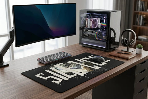 Minimal black desk mat with ‘Silence’ text and money graphic, modern office setup for focus, trading, and wealth mindset.