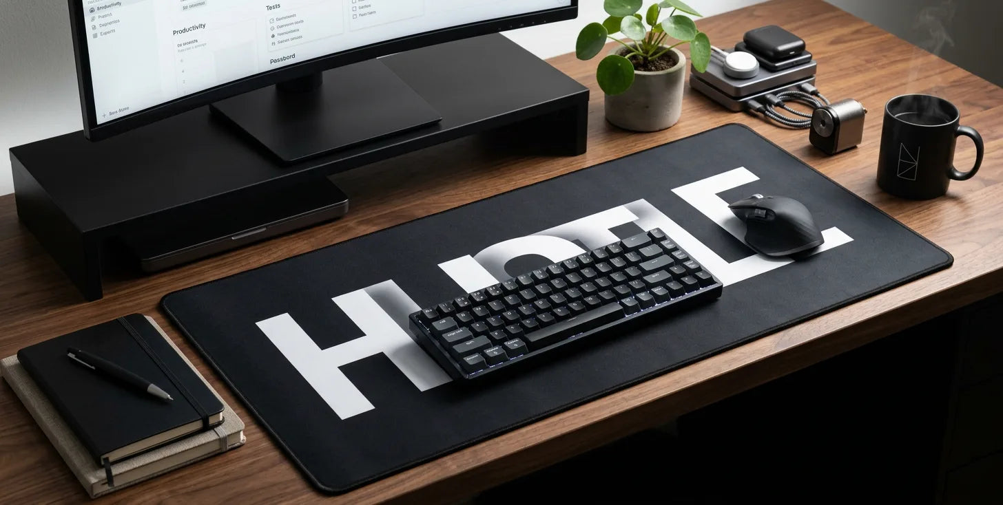 Minimal black hustle desk mat with bold white typography, clean workspace setup with keyboard, mouse, and modern productivity desk.