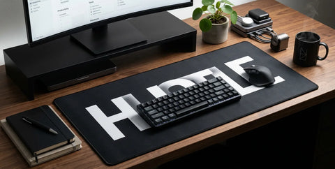 Minimal black hustle desk mat with bold white typography, clean workspace setup with keyboard, mouse, and modern productivity desk.