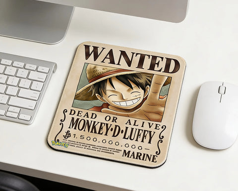 One Piece Monkey D. Luffy wanted poster mouse pad on clean white desk setup with wireless mouse and keyboard