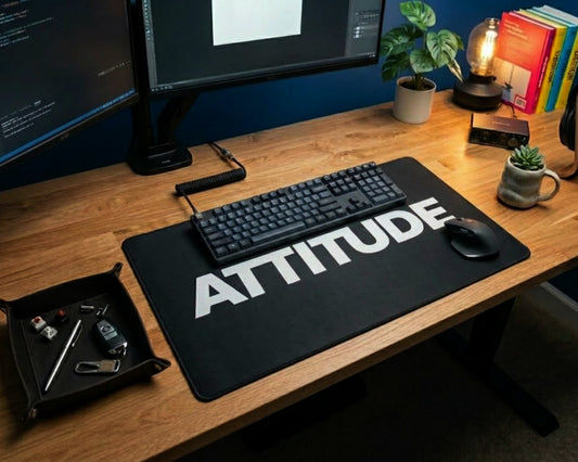 Modern wooden desk setup with black attitude desk mat, mechanical keyboard, mouse, dual monitors, plants, books, and warm desk lamp.