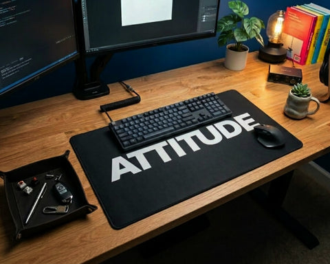 Modern wooden desk setup with black attitude desk mat, mechanical keyboard, mouse, dual monitors, plants, books, and warm desk lamp.