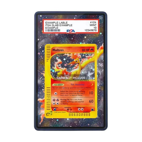 A PSA graded display slab containing a Moltres Pokémon card, with a PSA label at the top and a printed card design overlaid in the center showing a fiery yellow and orange Moltres illustration on a dark starry background.