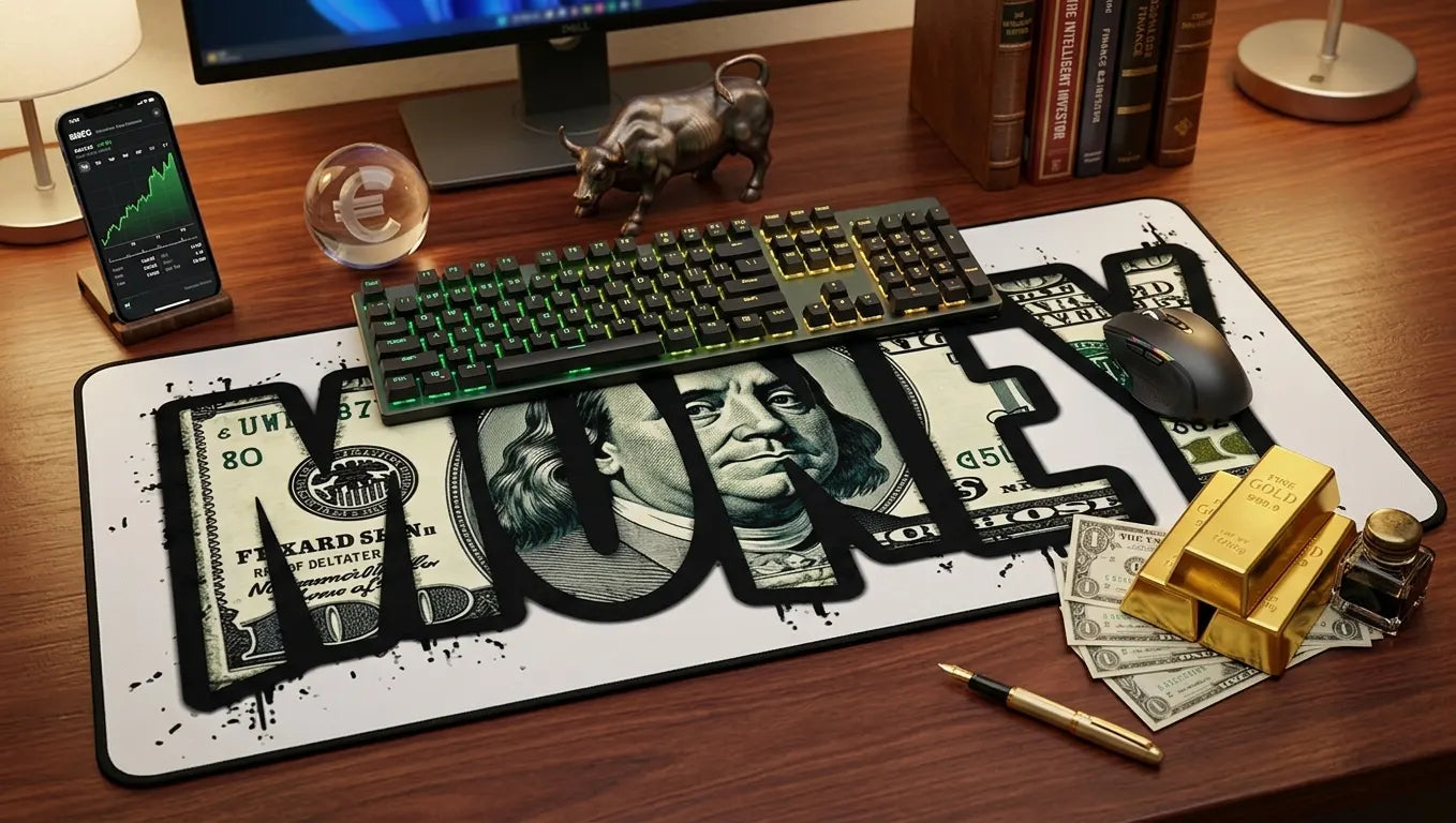 Money themed XL mouse pad with dollar bill design and bold ‘MONEY’ typography, luxury desk setup with gold bars and keyboard.