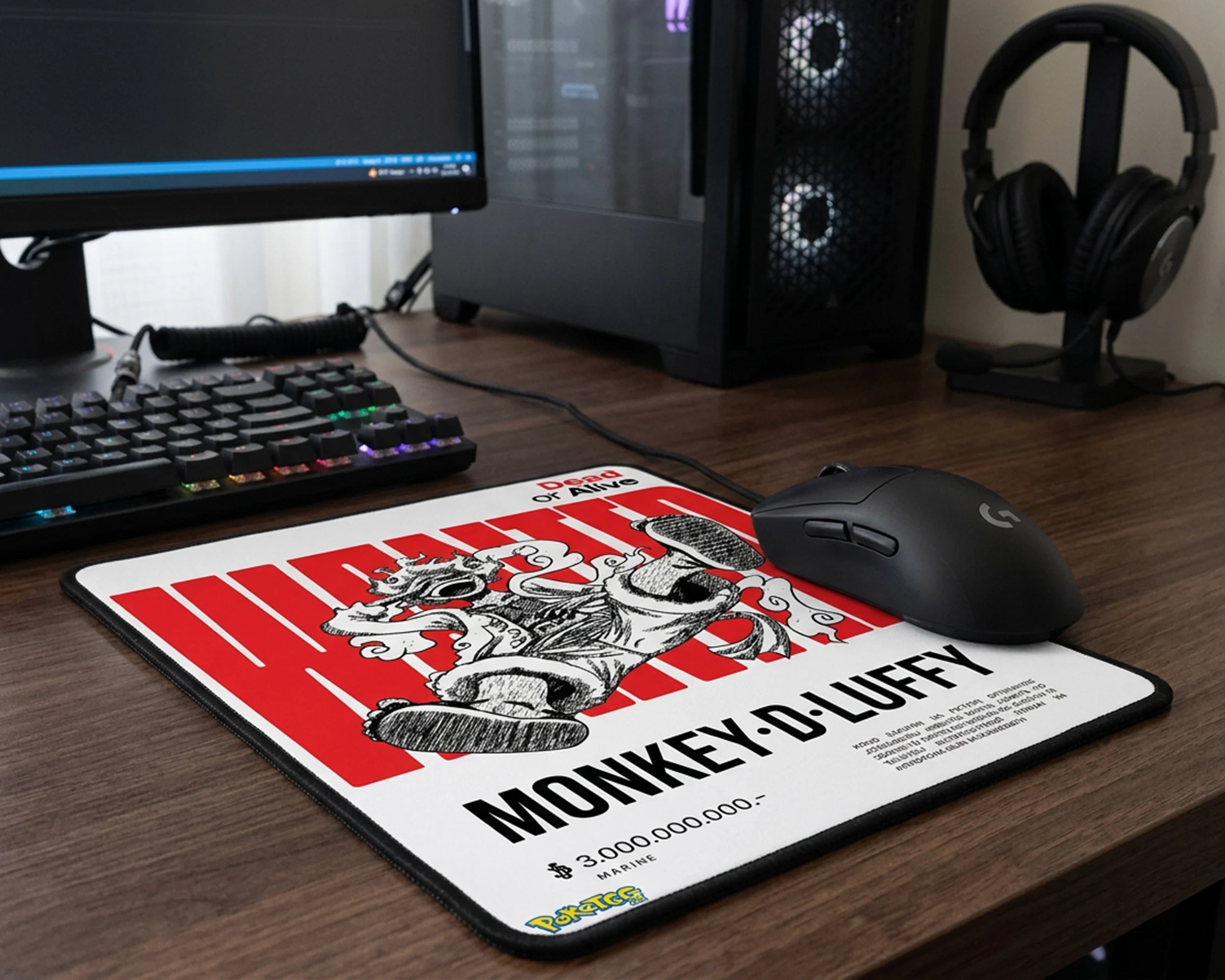 Monkey D. Luffy anime mouse pad with bold red wanted poster design on dark wooden gaming desk setup