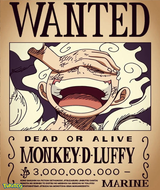 Vintage-style Monkey D. Luffy wanted poster artwork with laughing anime character and classic pirate bounty theme