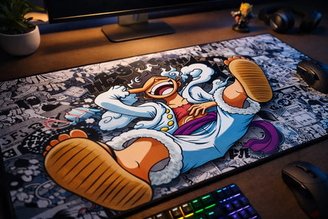 Colorful anime desk mat featuring Monkey D. Luffy in Gear 5 laughing pose, placed on a gaming desk with keyboard and mouse