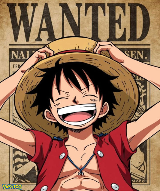 Monkey D. Luffy laughing anime artwork with vintage wanted poster style background from One Piece