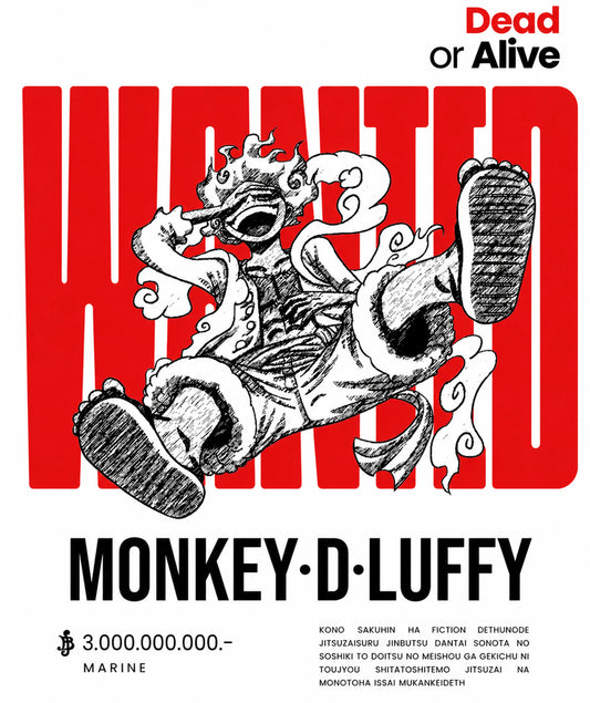 Minimal black and white Monkey D. Luffy wanted poster artwork with bold red background typography design