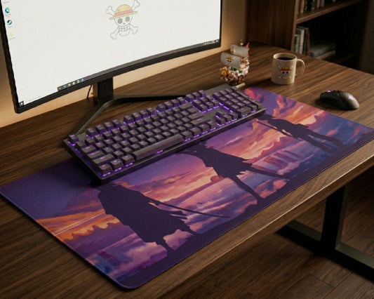 Anime-themed gaming desk setup with purple desk mat, RGB mechanical keyboard, curved monitor, coffee mug, and wooden desktop.
