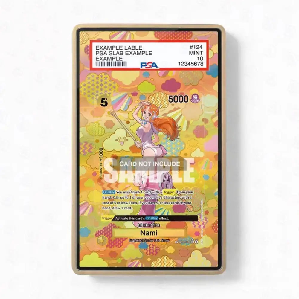 A PSA graded sample trading card in a clear protective slab, showing a colorful fantasy character illustration with text fields and a red PSA slab header.