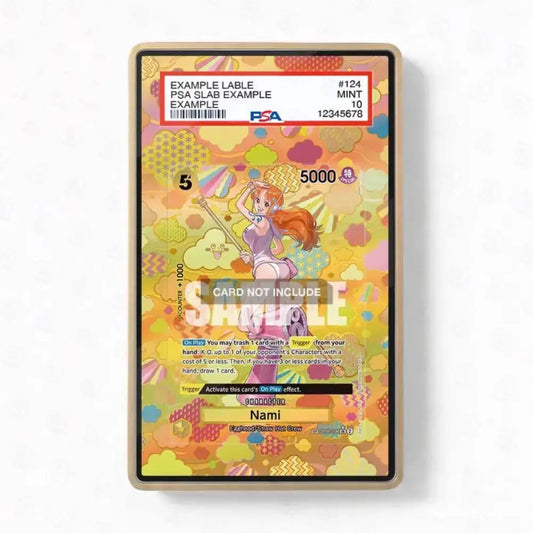 A PSA graded sample trading card in a clear protective slab, showing a colorful fantasy character illustration with text fields and a red PSA slab header.