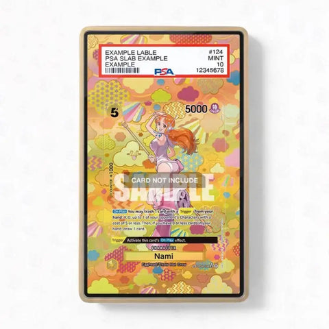 A PSA graded sample trading card in a clear protective slab, showing a colorful fantasy character illustration with text fields and a red PSA slab header.
