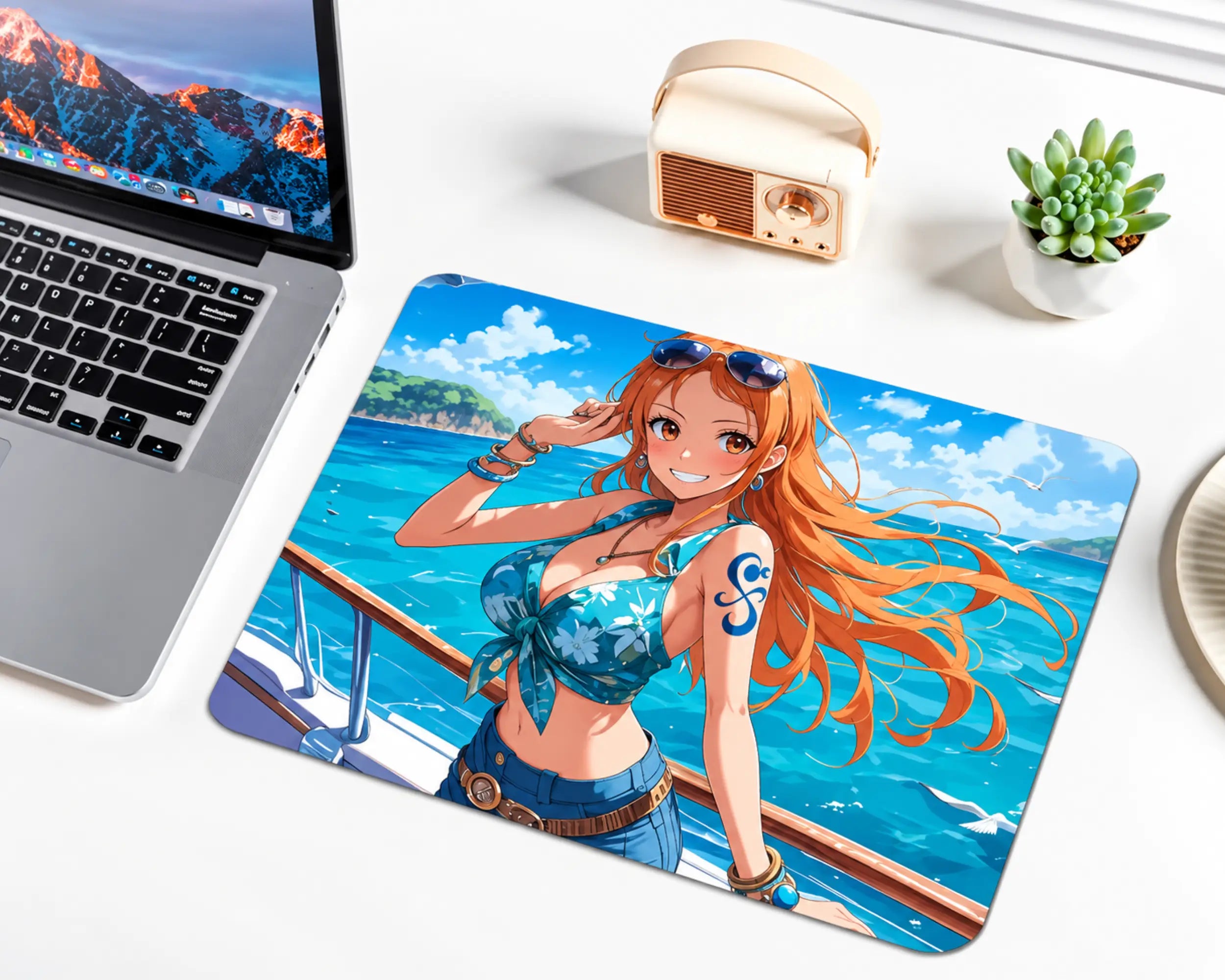 Nami from One Piece with long flowing orange hair, sunglasses, a turquoise floral top, and blue jeans posing beside a ship railing against a bright turquoise ocean, tropical island, and blue sky on a gaming mouse pad.