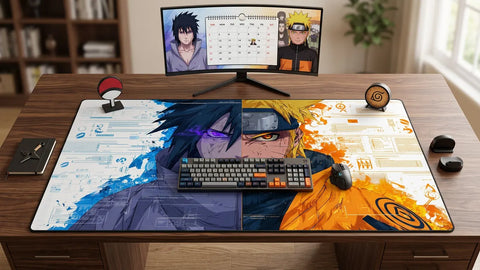 Naruto Sasuke split design XXL mousepad on a minimalist wooden desk setup with keyboard, mouse, monitor, and anime-themed decor.