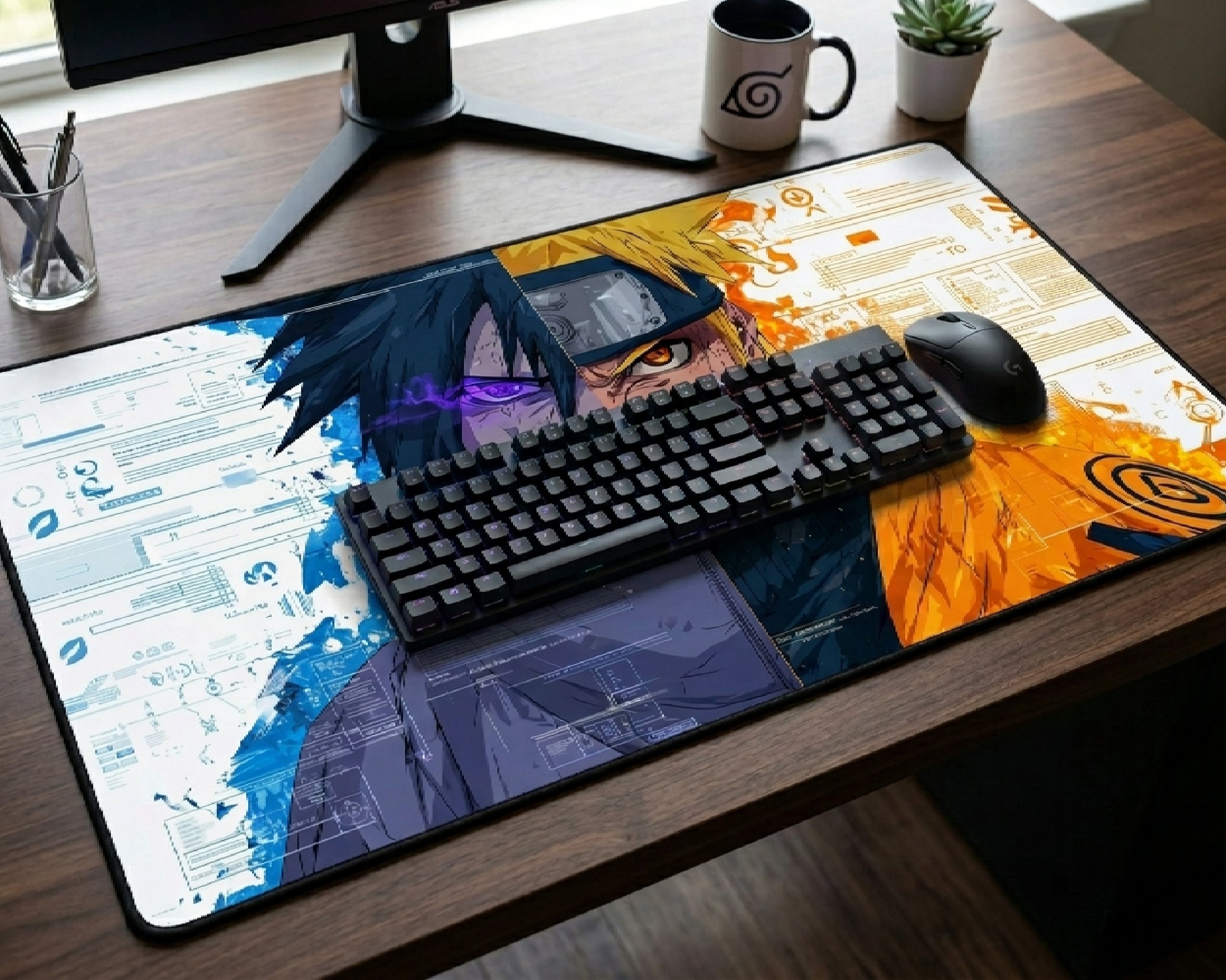 Extra large Naruto and Sasuke anime desk mat featuring blue and orange split artwork on a modern gaming desk with RGB mechanical keyboard and wireless gaming mouse