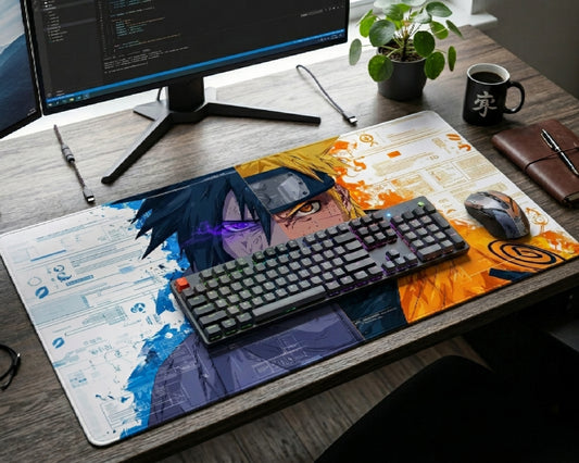 Wide Naruto vs Sasuke anime gaming mouse pad with detailed futuristic background art displayed on a programmer workstation desk with dual monitors and RGB keyboard
