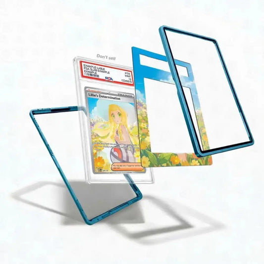 A custom acrylic card protector case with a blue metallic frame and a printed anime illustration of Aoi Todoroki from Fullmetal Alchemist, shown floating around a graded PSA card on a white background.