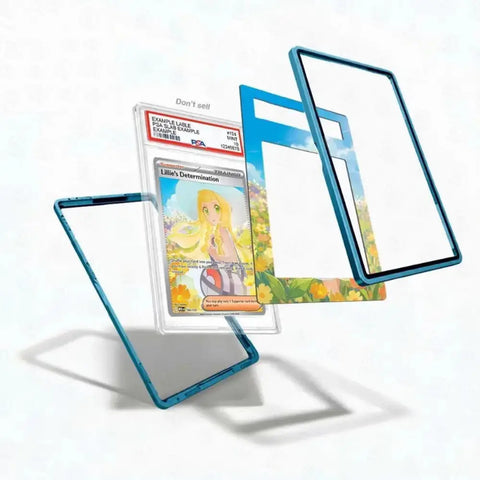 A custom acrylic card protector case with a blue metallic frame and a printed anime illustration of Aoi Todoroki from Fullmetal Alchemist, shown floating around a graded PSA card on a white background.