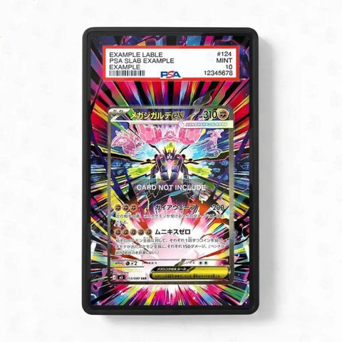 A PSA graded slab containing a Pokémon trading card, shown against a plain white background. The slab has a black border and a colorful, multicolored graphic insert.