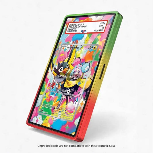 A smartphone shown at an angle with a colorful magnetic case on a light gray background. The case has a rainbow gradient transitioning from green to yellow to orange to red.