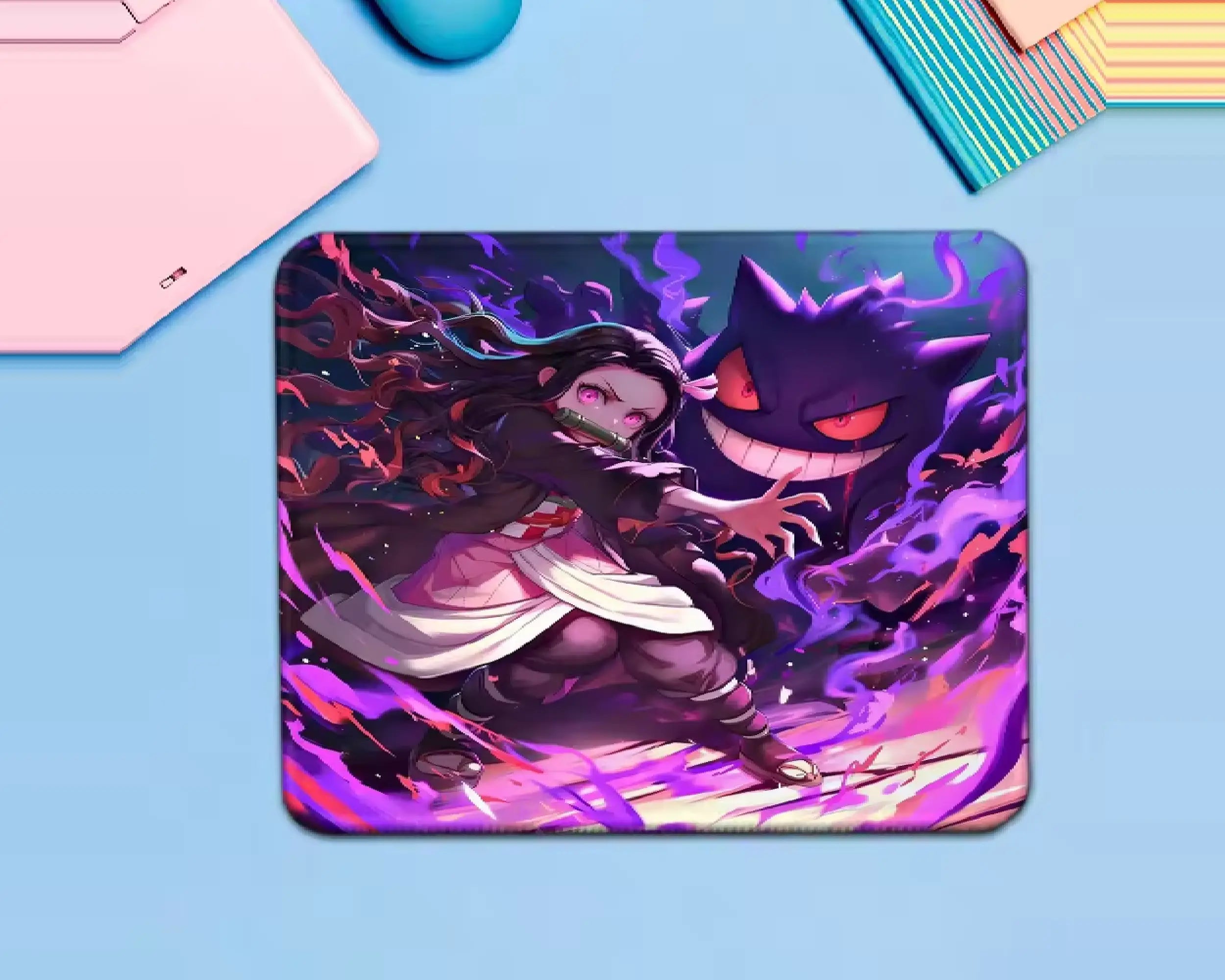 Anime gaming mouse pad featuring Nezuko in an action pose beside Gengar with glowing red eyes, a wide grin, and vivid purple, violet, and magenta energy effects.