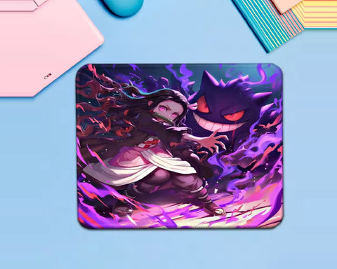 Anime gaming mouse pad featuring Nezuko in an action pose beside Gengar with glowing red eyes, a wide grin, and vivid purple, violet, and magenta energy effects.