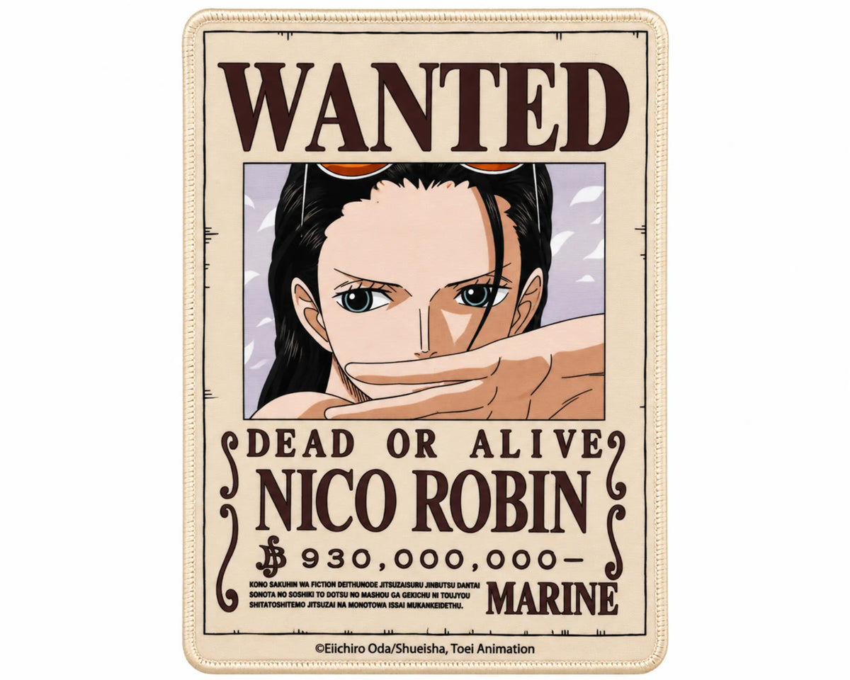 Nico Robin One Piece gaming mouse pad featuring a vintage Wanted Dead or Alive bounty poster, Robin’s portrait, cream background, and dark-brown lettering.