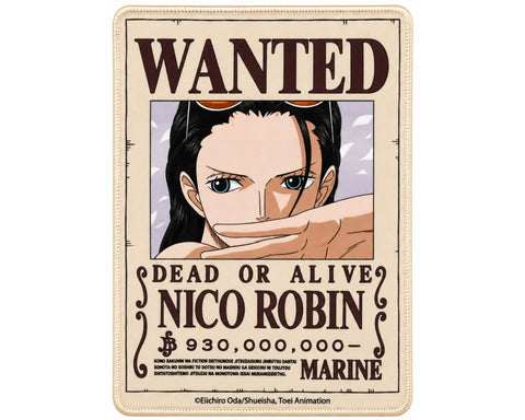 Nico Robin One Piece gaming mouse pad featuring a vintage Wanted Dead or Alive bounty poster, Robin’s portrait, cream background, and dark-brown lettering.