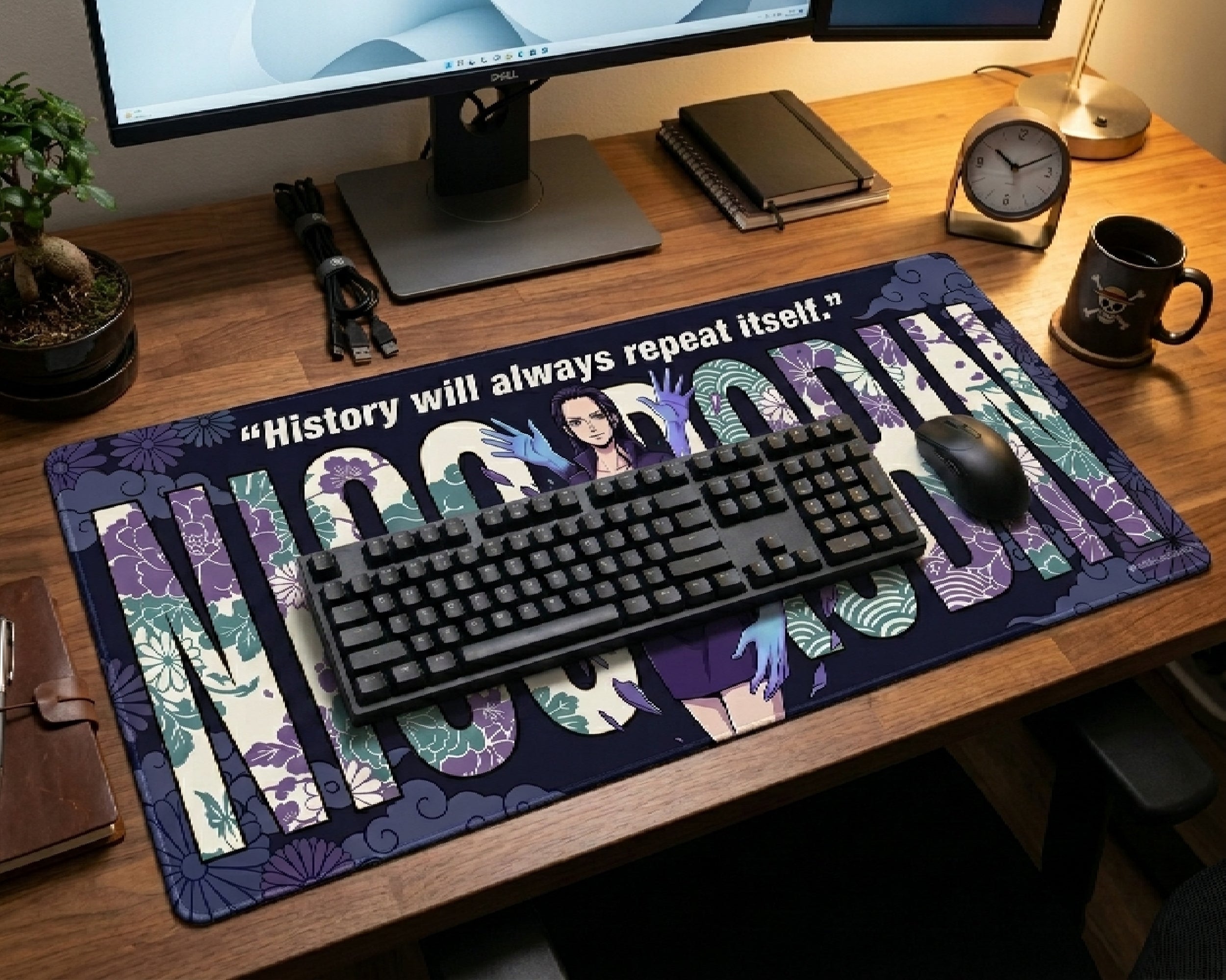 One Piece Nico Robin anime desk mat featuring floral typography and inspirational quote artwork on a stylish wooden gaming desk with keyboard and coffee mug