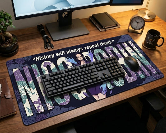 One Piece Nico Robin anime desk mat featuring floral typography and inspirational quote artwork on a stylish wooden gaming desk with keyboard and coffee mug