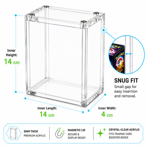 Clear acrylic display box with dimension callouts showing inner height, inner length, and inner width of 14 cm by 14 cm by 4 cm, plus a circular inset demonstrating a snug fit and a feature banner at the bottom.
