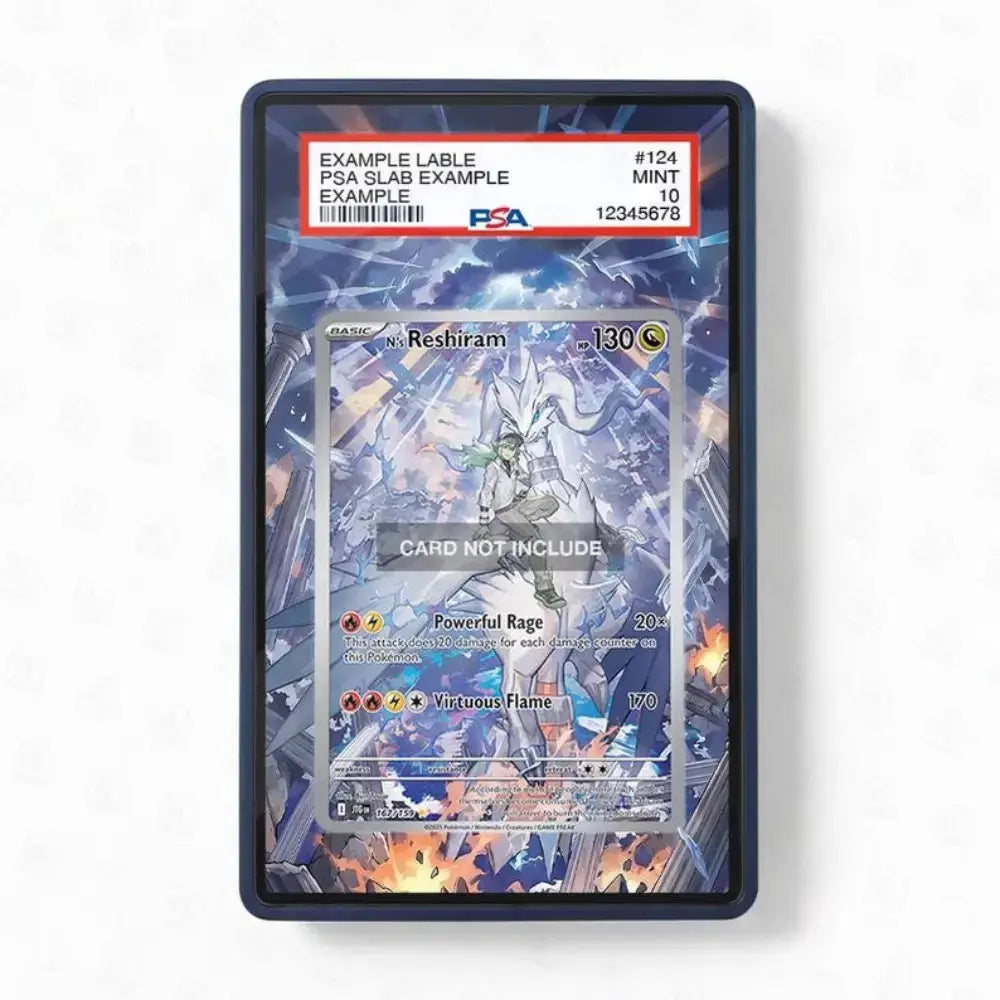 A PSA graded slab containing a sample Pokémon card, shown against a plain white background. The slab has a black border and a red PSA label at the top reading 'EXAMPLE LABLE PSA SLAB EXAMPLE' with a graded 'MINT 10' rating.