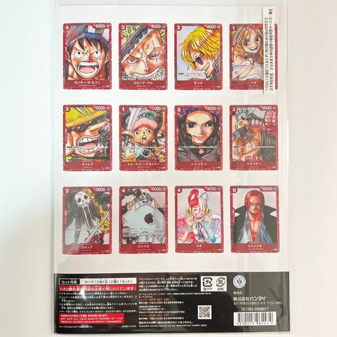 Collection of anime trading cards on a display card with character illustrations.