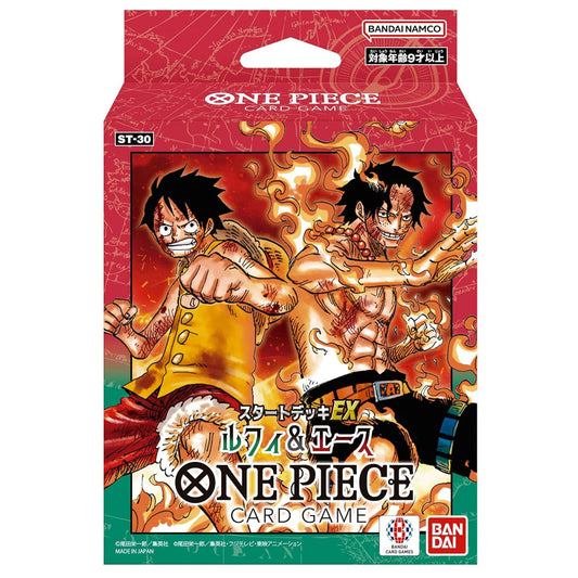 One Piece Card Game ST-30 Luffy & Ace trading card box featuring anime artwork of Luffy and Ace with fiery effects, with Bandai Namco branding at the top and Bandai logo at the bottom right.