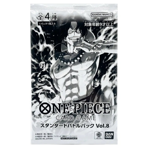 One Piece Card Game Vol.8 Standard Battle Pack trading card pack featuring a black and white manga illustration of a muscular character on the front, with Bandai Namco branding.