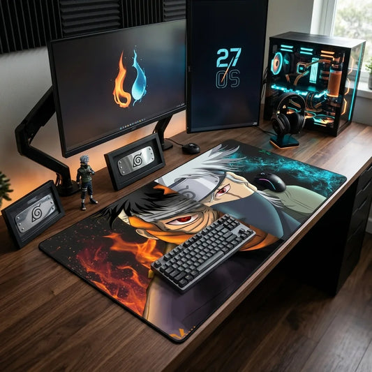 Full gaming setup with Obito Kakashi mouse pad, dual monitors, RGB PC build, and anime-themed desk accessories