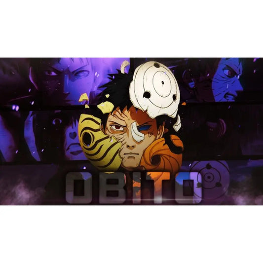 Anime artwork featuring Obito Uchiha with broken mask and dual-eye design in dark purple and orange tones
