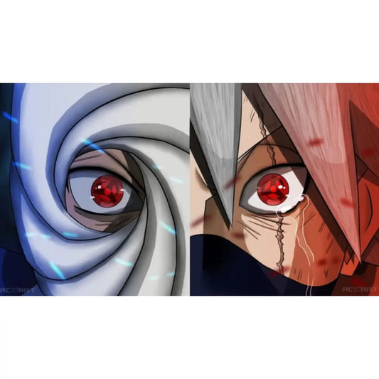 Close-up split anime artwork of Obito mask eye and Kakashi Sharingan eye with tear detail, dramatic red eye focus~