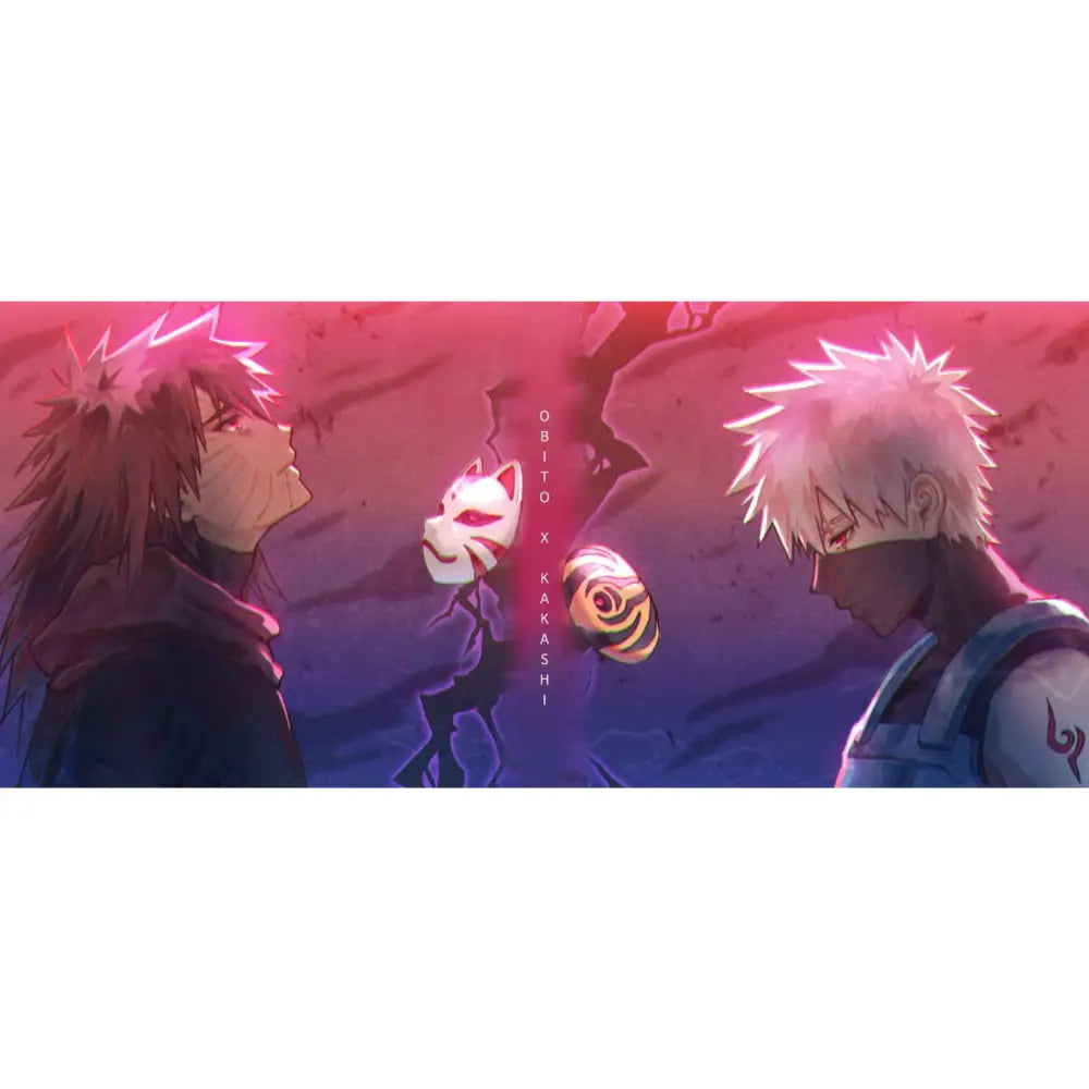Anime artwork of Obito and Kakashi facing each other with glowing red eyes and broken masks in dramatic red and purple lighting