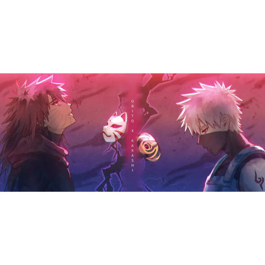Anime artwork of Obito and Kakashi facing each other with glowing red eyes and broken masks in dramatic red and purple lighting